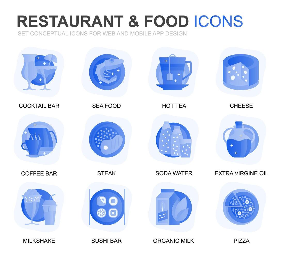 modern uppsättning restaurang och mat lutning platt ikoner för hemsida och mobil appar. innehåller sådan ikoner som snabb mat, meny, organisk frukt, kaffe bar. konceptuell Färg platt ikon. piktogram packa. vektor