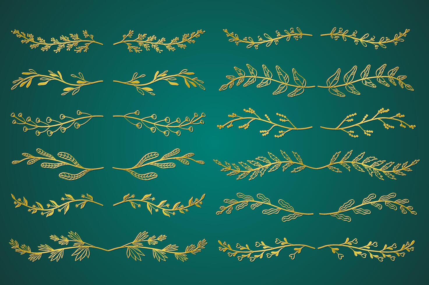 Gold Blumen- Ornament Teiler einstellen im Hand gezeichnet Design. Blätter und Baum Geäst Elemente. bündeln von botanisch Ornamente Schriftrollen Dekoration und dekorativ Ast. Illustration. vektor