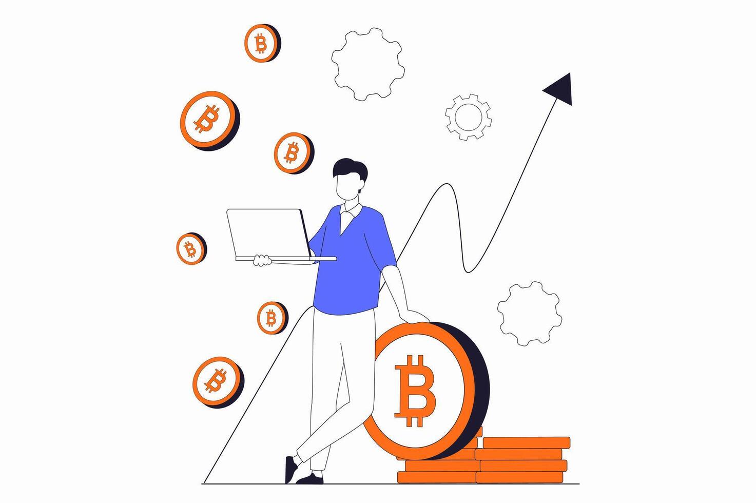 Kryptowährung Bergbau Konzept mit Menschen Szene im eben Gliederung Design. Mann Analysen Wachstum Diagramm Pfeil und Minen Bitcoins auf Krypto Bauernhof. Illustration mit Linie Charakter Situation zum Netz vektor