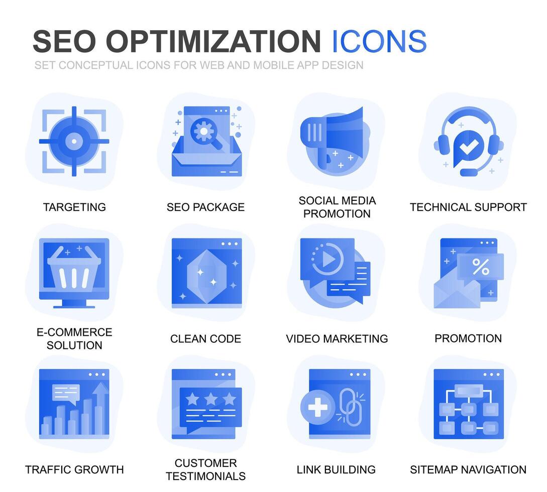 modern uppsättning seo och webb optimering lutning platt ikoner för hemsida och mobil appar. innehåller sådan ikoner som mål, marknadsföring, trafik tillväxt. konceptuell Färg platt ikon. piktogram packa. vektor