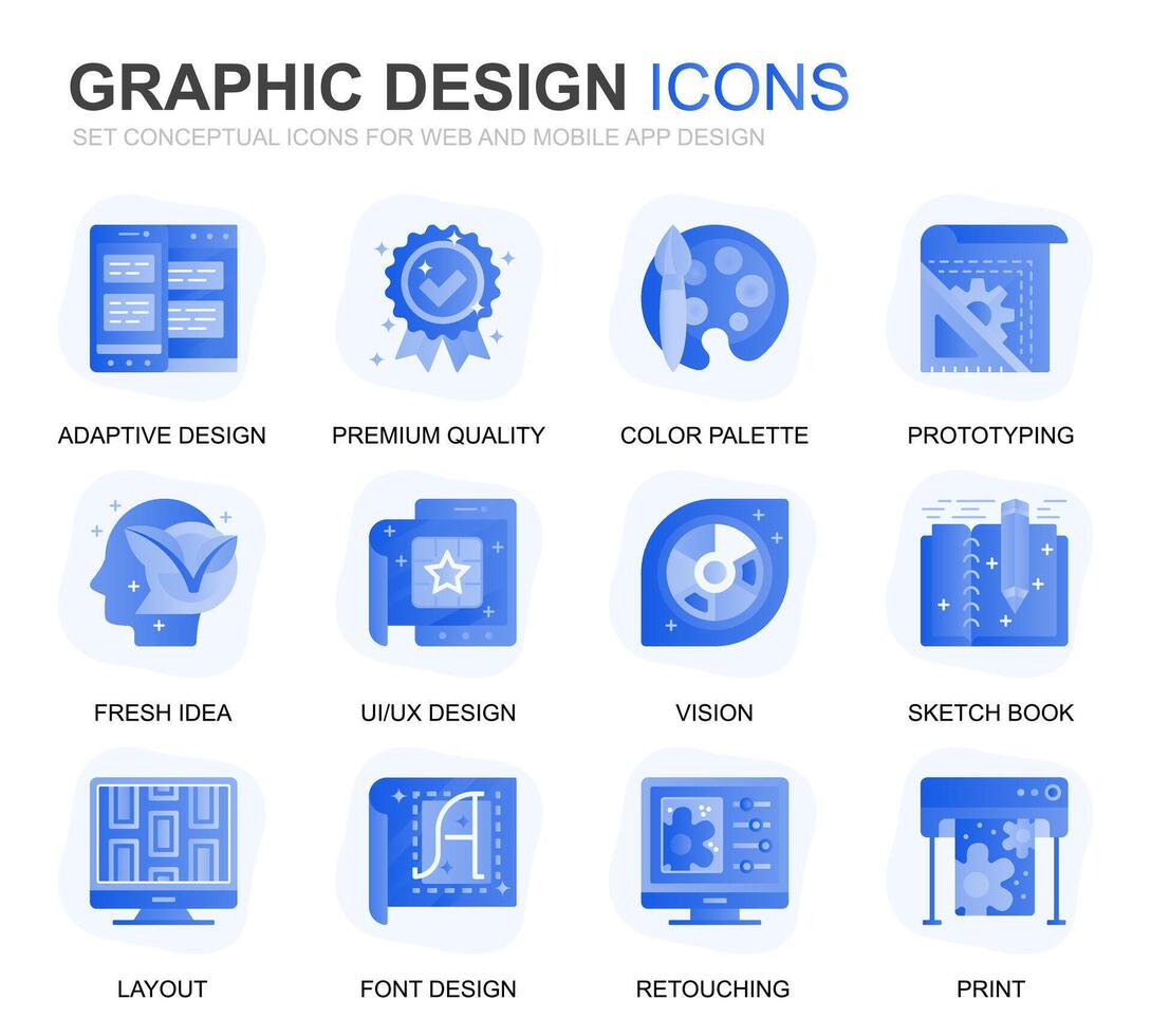 modern einstellen Netz und Grafik Design Gradient eben Symbole zum Webseite und Handy, Mobiltelefon Anwendungen. enthält eine solche Symbole wie Studio, Werkzeug, App Entwicklung, Retusche. konzeptionelle Farbe eben Symbol. Piktogramm Pack. vektor