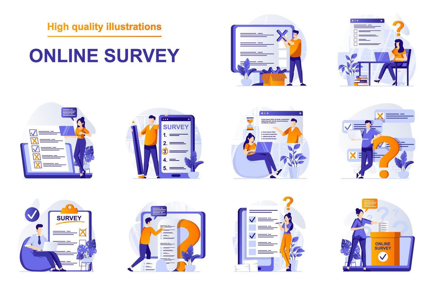 online Umfrage Netz Konzept mit Menschen Szenen einstellen im eben Stil. bündeln von online testen, Untersuchung im Handy, Mobiltelefon Anwendung, antworten im Digital form, Rückmeldung. Illustration mit Charakter Design vektor