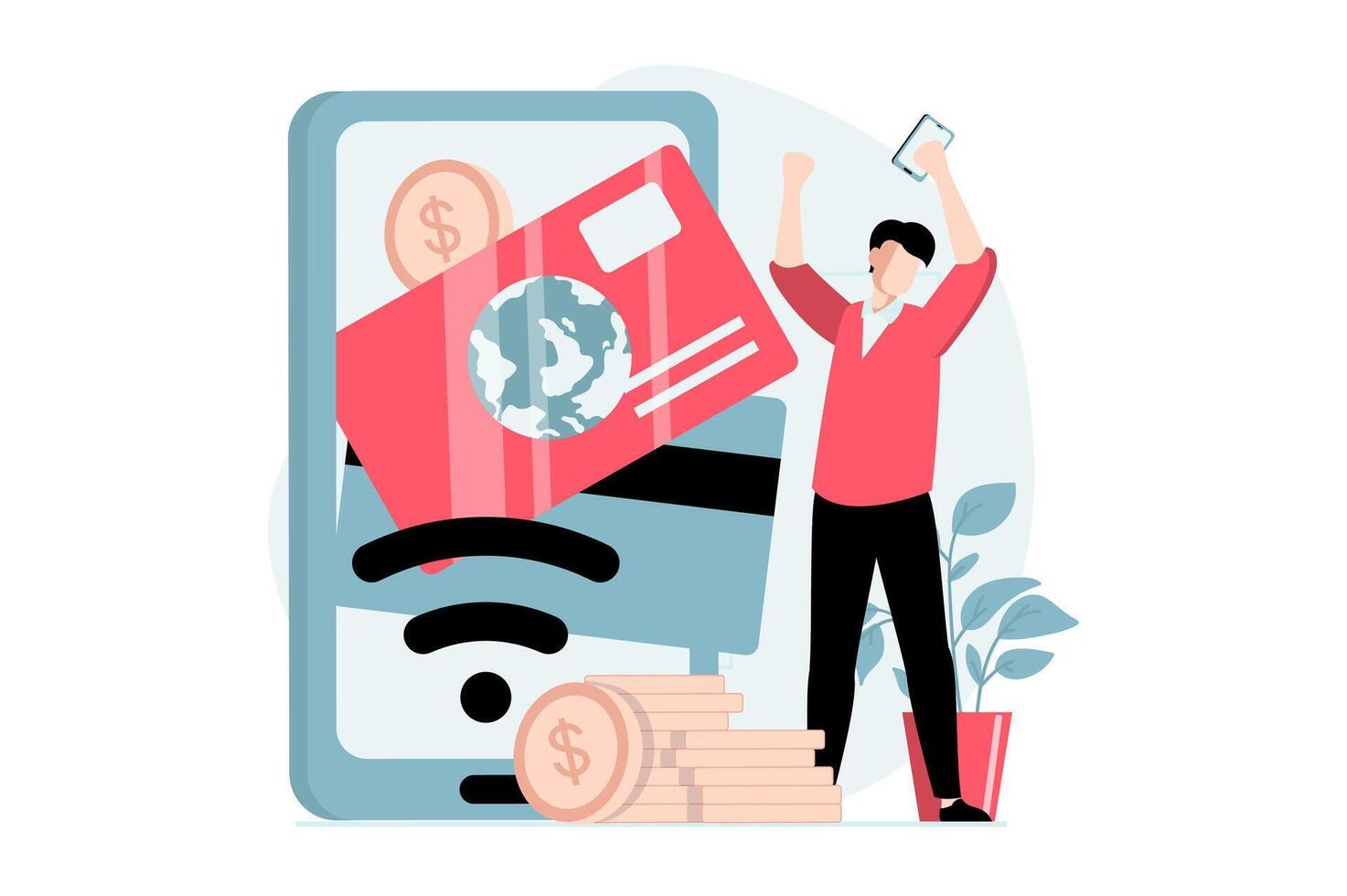 E-Payment Konzept mit Menschen Szene im eben Design. Mann zahlt sich aus online mit Anerkennung Karte mit bargeldlos und kabellos Technologie beim Handy, Mobiltelefon Telefon. Illustration mit Charakter Situation zum Netz vektor