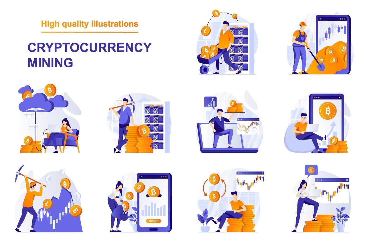 kryptovaluta brytning webb begrepp med människor scener uppsättning i platt stil. bunt av extrahera bitcoins och Övrig crypto mynt, investera i brytning gårdar. illustration med karaktär design vektor