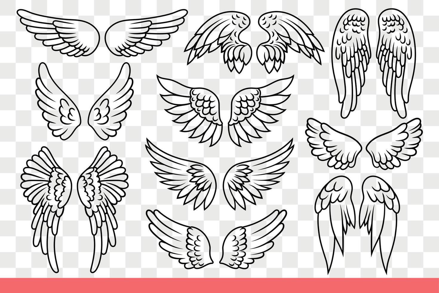 Flügel von Engel und Vögel mit lange Gefieder zum Flug auf schmelzen Distanz. Hand gezeichnet Gekritzel. vektor