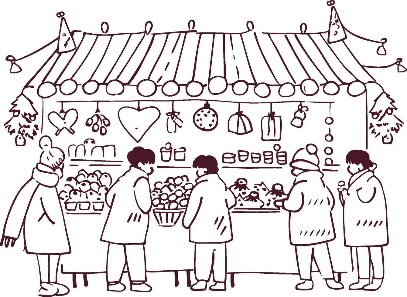 gemütlich Winter Markt Szene mit Menschen Einkaufen zum Urlaub Dekorationen und Leckereien vektor