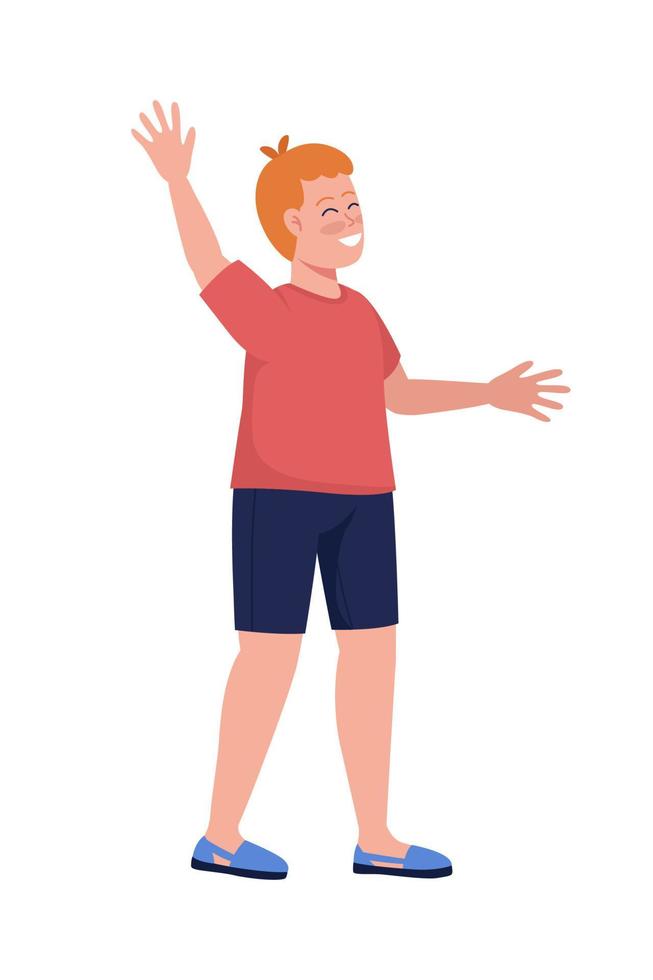 glad pojke viftande hand semi platt färg vektor karaktär. poserande figur. helkroppsperson på vitt. barndom isolerade modern tecknad stil illustration för grafisk design och animation