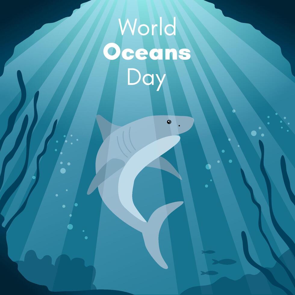 Welt Ozeane Tag. Gruß Karte, Banner, Sozial Medien Post Vorlage. Meer Hintergrund mit Hai. vektor