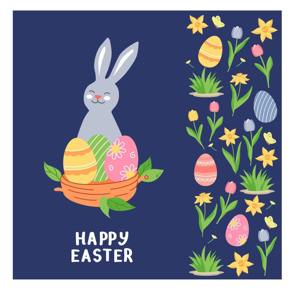 Lycklig påsk hälsning kort mall. söt kanin, bo med ägg och vår blommor på blå bakgrund. vektor