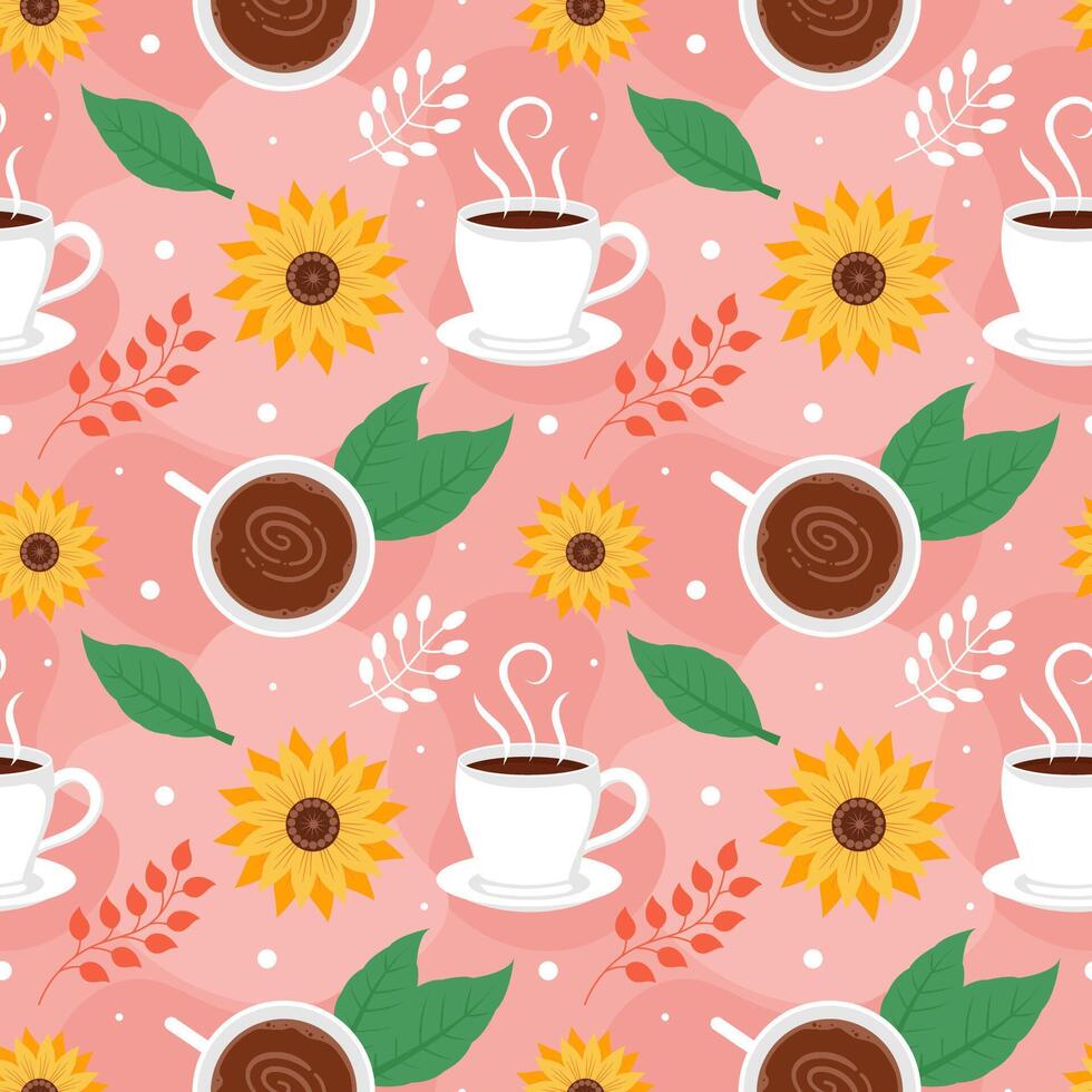 kaffe tid sömlös mönster design med kakao bönor, korn och kanna i tecknad serie platt illustration vektor