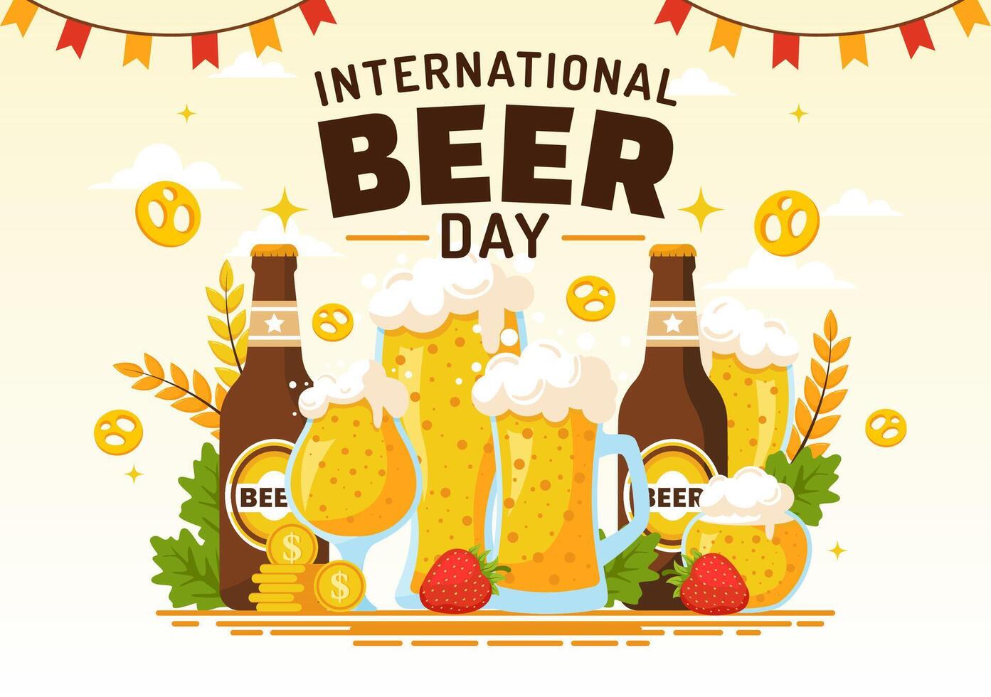 International Bier Tag Illustration auf 5 August mit Prost Biere Feier und brauen im eben Karikatur Hintergrund Design vektor