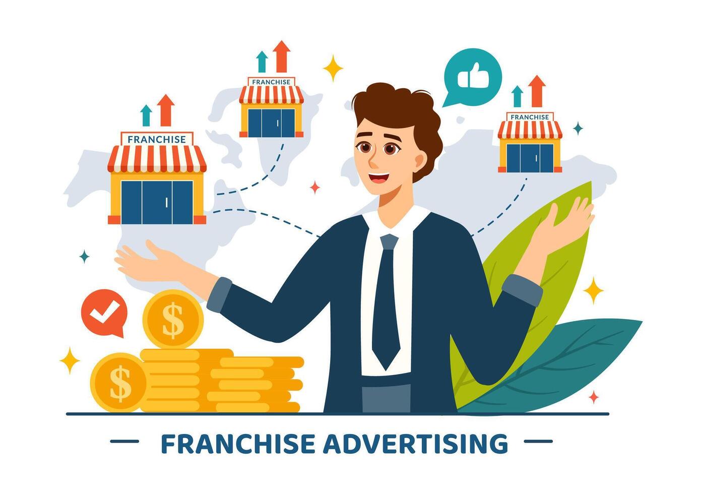 franchise reklam illustration med företag och finansiera till främja framgångsrik varumärke eller marknadsföring i platt tecknad serie bakgrund vektor