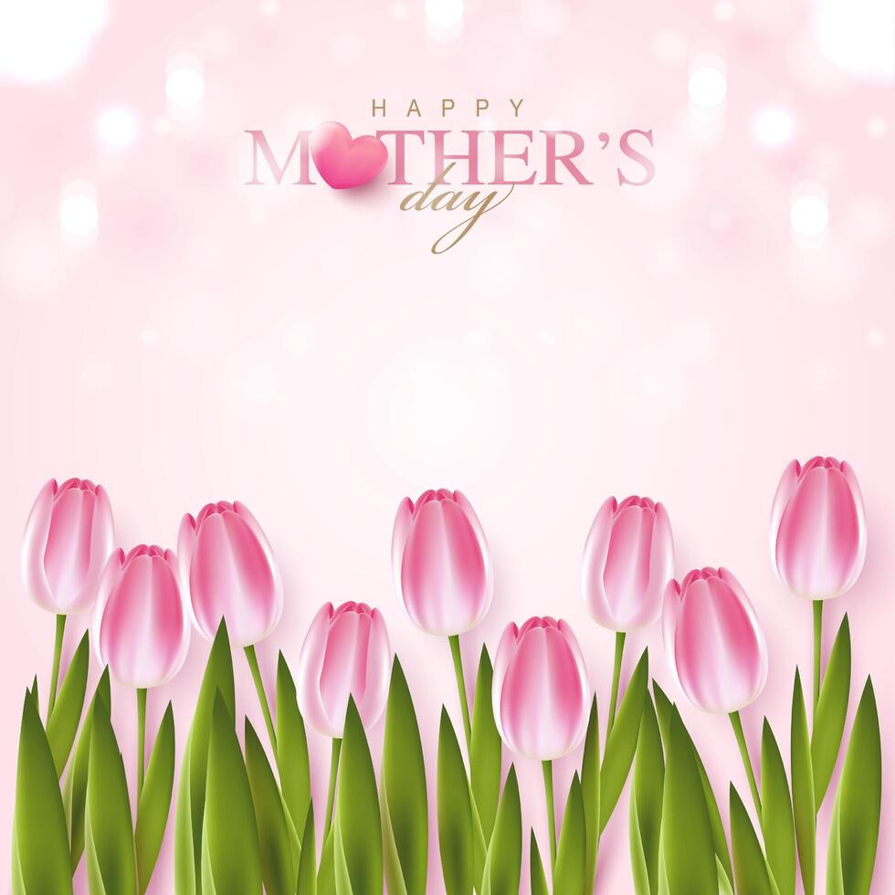 Lycklig mors dag med skön blommor tulpaner och hjärtan på rosa bakgrund. illustration för hälsning kort, annons, befordran, affisch, flygblad, blogg, artikel, social media, marknadsföring. design. vektor