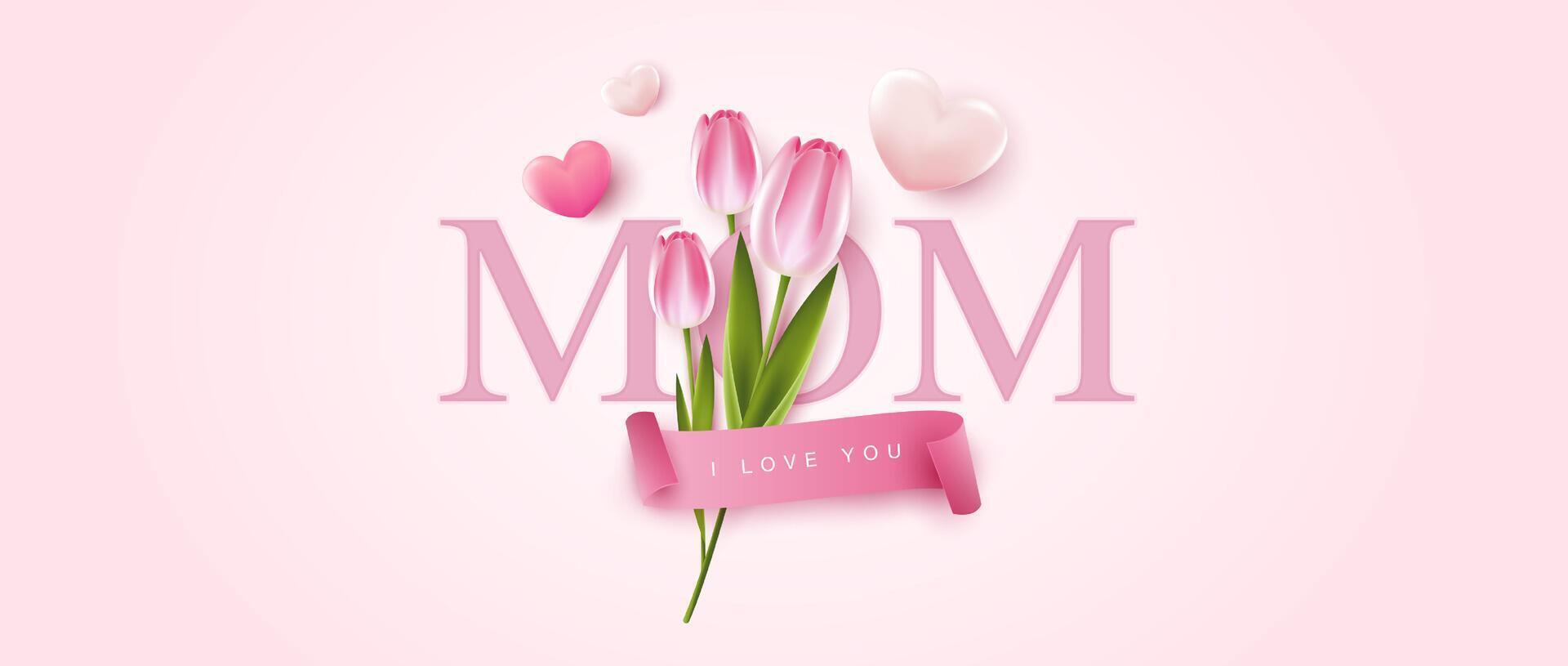 glücklich Mutter Tag mit schön Blumen Tulpen und Herzen auf Rosa Hintergrund. Illustration zum Gruß Karte, Anzeige, Förderung, Poster, Flieger, Blog, Artikel, Sozial Medien, Marketing. Design. vektor