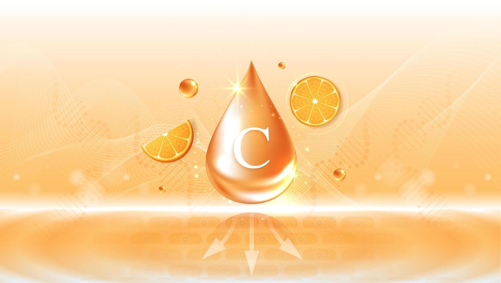 Vitamin c und Orange Frucht. fallen Vitamin c und Sahne Kollagen Komplex mit von Serum Natur Haut Pflege Vitamine. natürlich Haut Pflege kosmetisch stimulieren Kollagen. Design. vektor