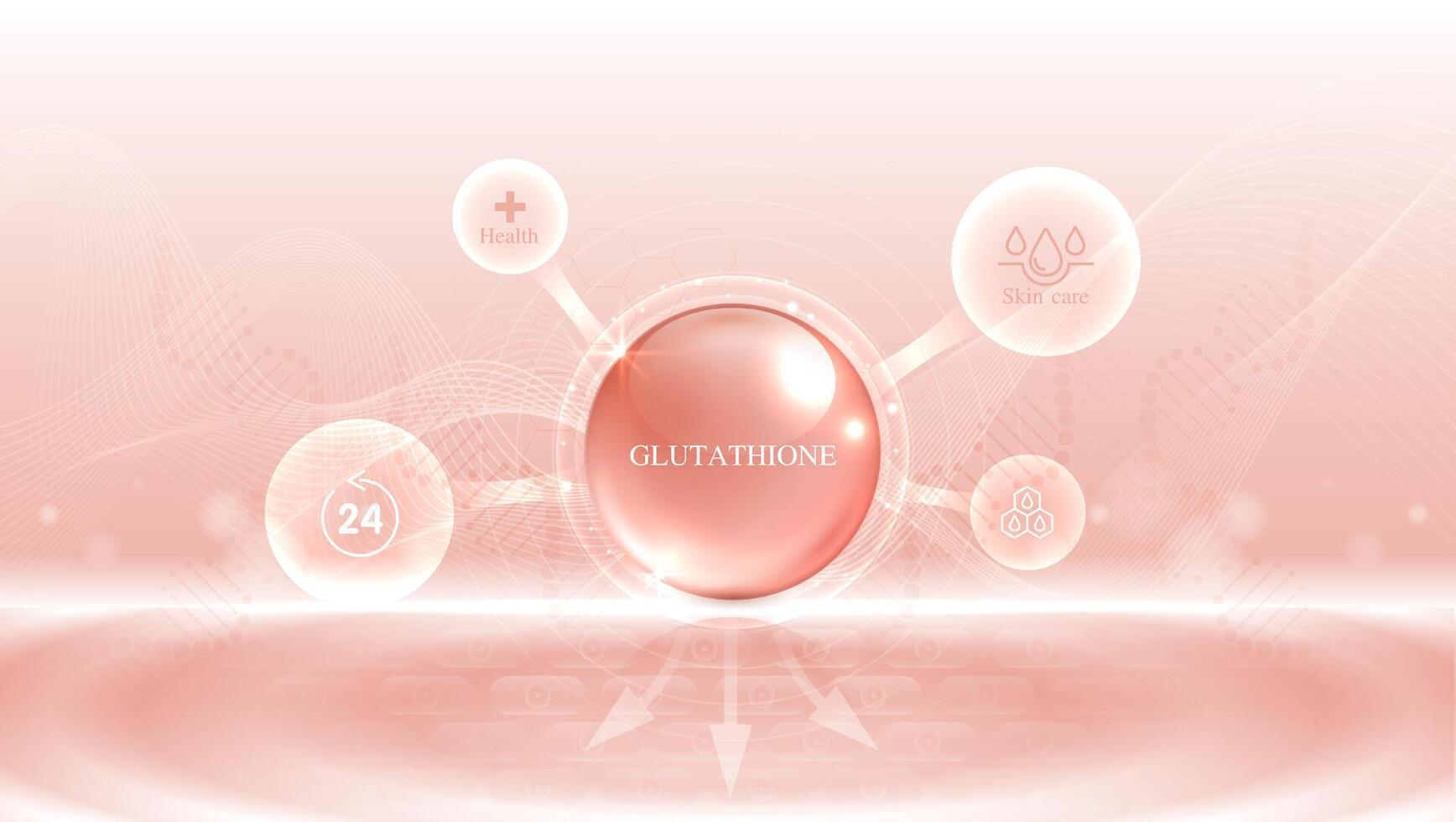 glutation serum droppar över rosa hud celler med kosmetisk reklam. friska liv medicinsk och diet- tillägg. naturlig hud vård kosmetisk stimulera kollagen. design. vektor