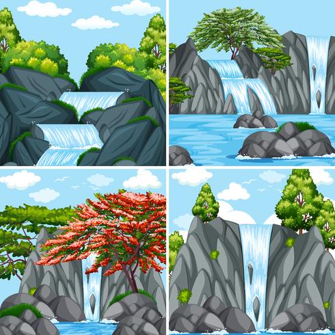 Fyra scener av vattenfall på dagtid vektor