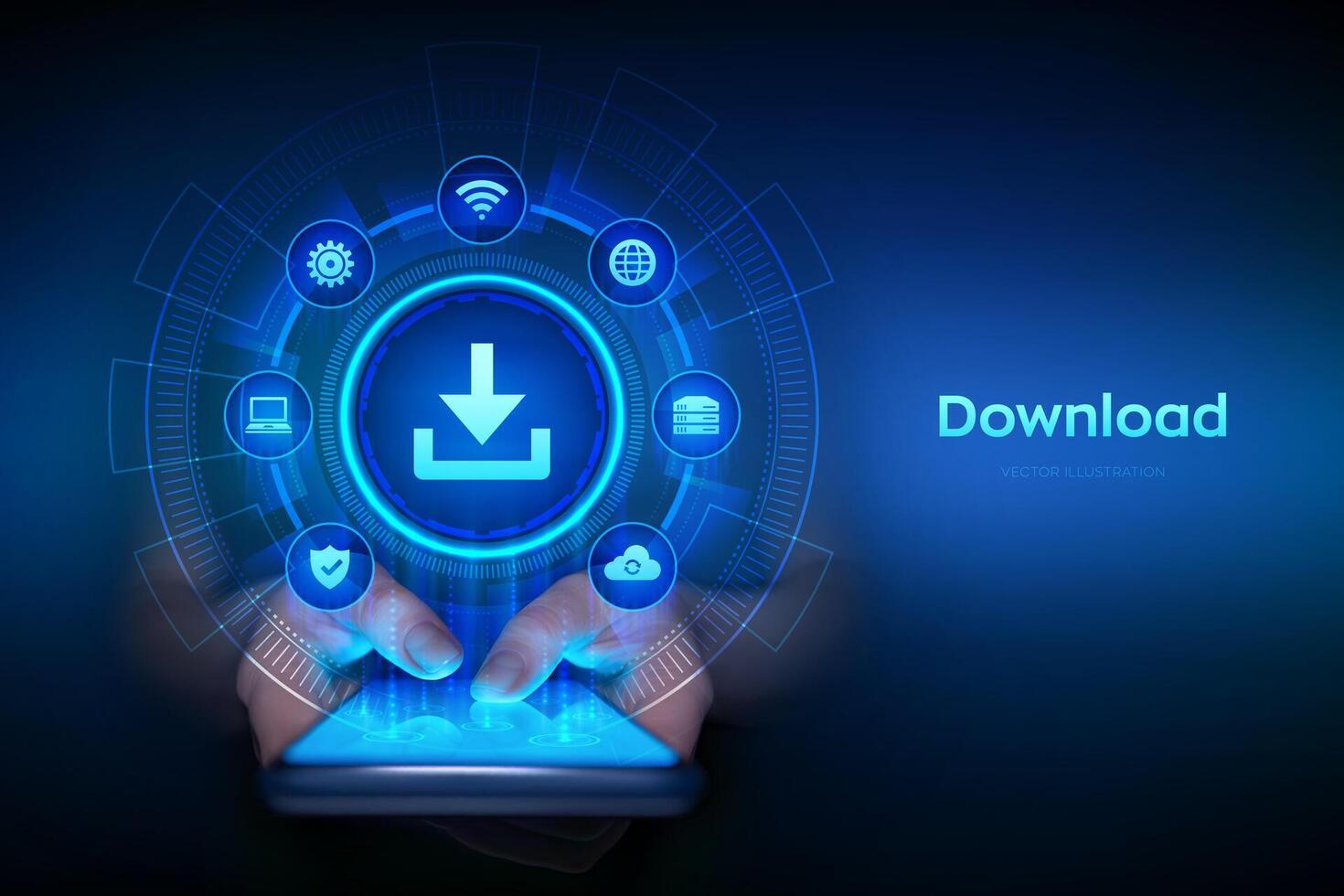 ladda ner data lagring. moln ladda ner ikon. Installera symbol. företag teknologi nätverk internet begrepp på virtuell skärm. smartphone i händer. använder sig av smartphone. illustration. vektor