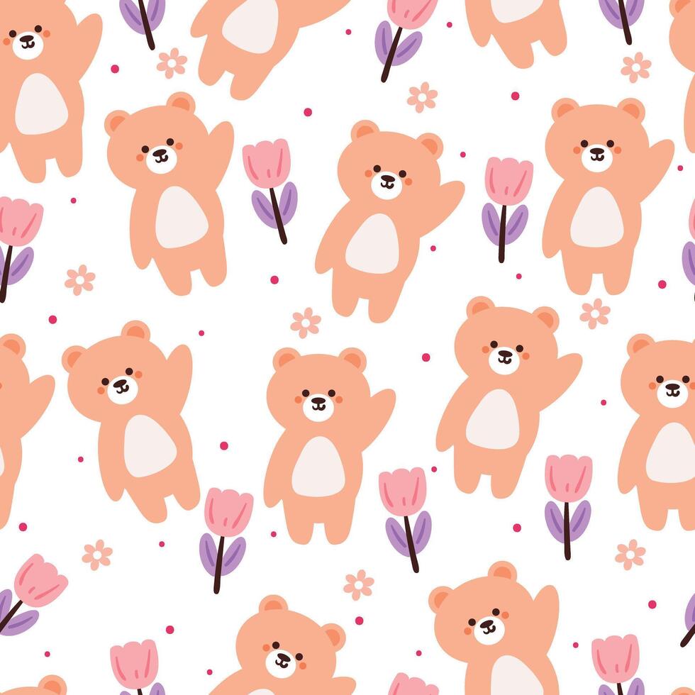 sömlös mönster tecknad serie Björn och blomma. söt tapet för textil, gåva slå in papper vektor