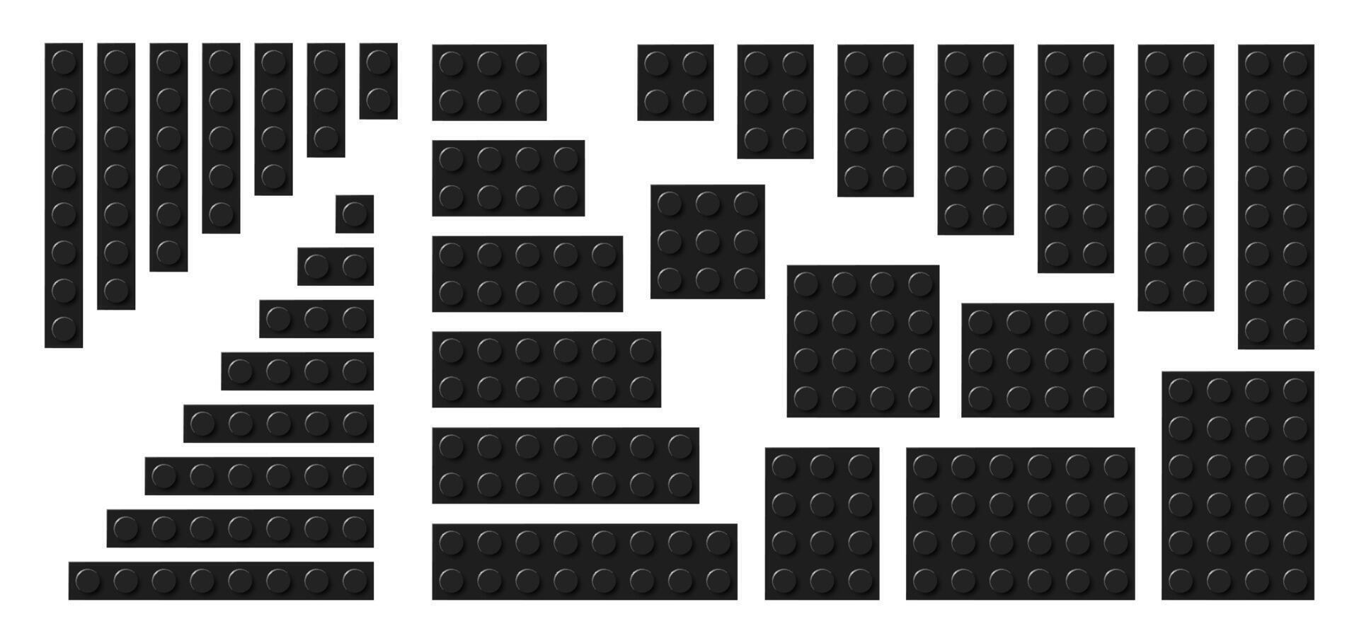 stor uppsättning av svart plast byggnad leksak block. enkel samling av barns tegelstenar. abstrakt illustration isolerat på en vit bakgrund vektor