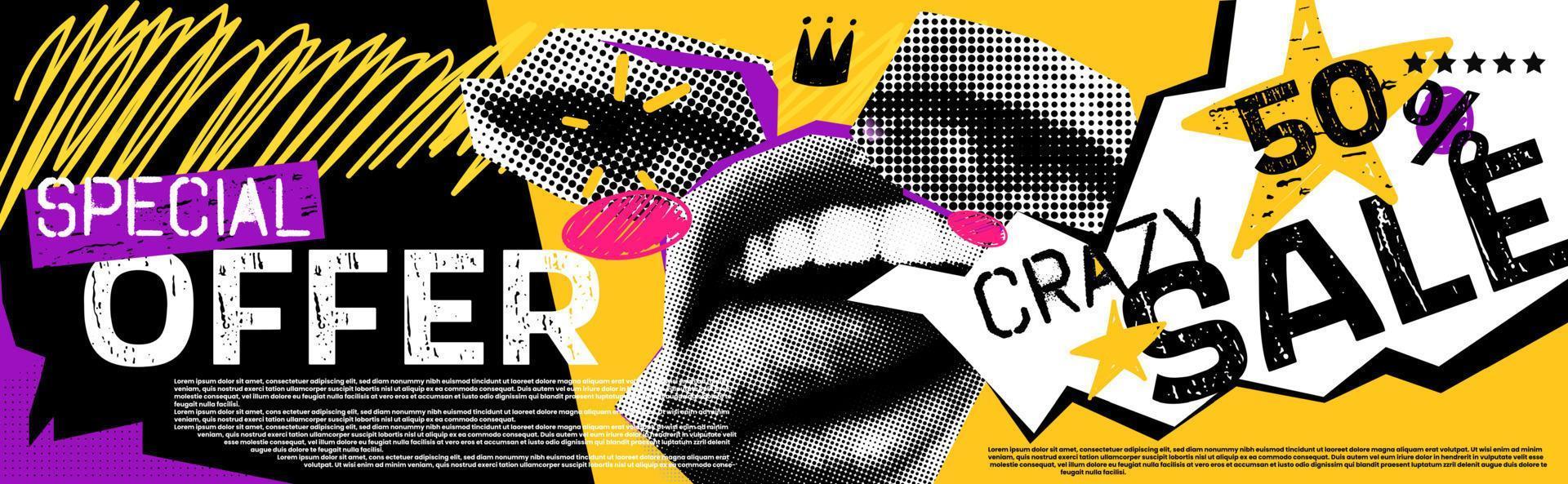 Rabatte Vektor Collage Grunge Banner. Lippen und Augen gespalten, darüber eine Krone. verrückte 50 Prozent Rabatt. Doodle-Elemente auf einem Retro-Poster. stilvolles modernes Werbeplakatdesign.
