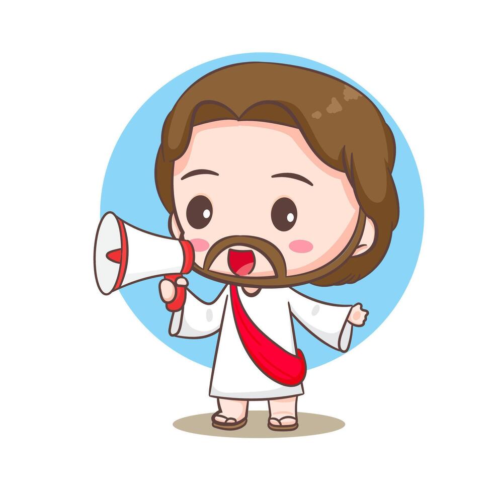 süß Jesus Christus mit Megaphon Karikatur Charakter. Hand gezeichnet Chibi Charakter, Clip Kunst, Aufkleber, isoliert Weiß Hintergrund. Christian Bibel zum Kinder. Maskottchen Logo Symbol Kunst Illustration vektor