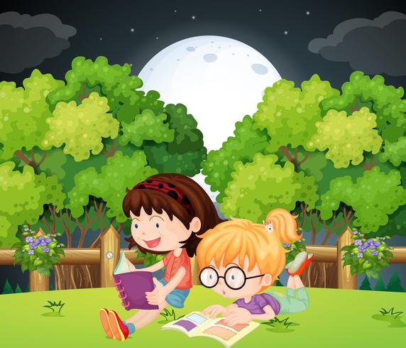Tjejer läser bok i parken på natten vektor