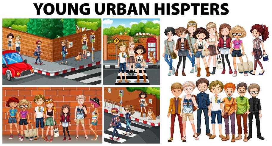 Stadtszenen und junge urbane Hipster vektor