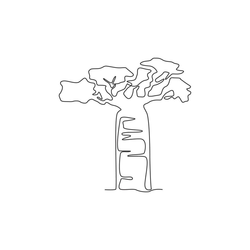 en rad ritning av skönhet och exotiska baobabträd. dekorativ jätte adansonia digitata för hälsningsvykort. turné och resekoncept. modern kontinuerlig linje rita design vektorillustration vektor