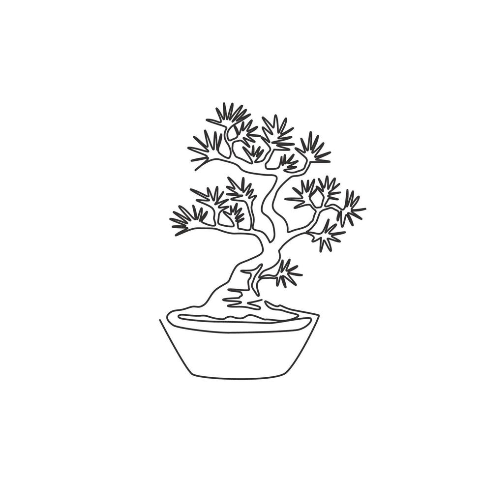 Single One-Line-Zeichnung Schönheit und exotischer Miniatur-Bonsai-Baum für zu Hause Wandkunst-Dekor-Plakatdruck. dekorative alte Topfpflanze für Shop-Logo. moderne durchgehende Linie zeichnen Design-Vektor-Illustration vektor