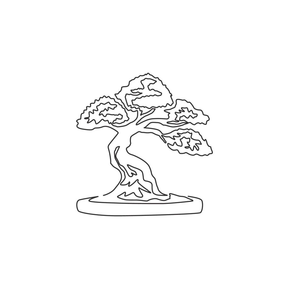 eine durchgehende Linie, die exotischen kleinen Bonsai-Baum der alten Schönheit für Hauskunst-Wanddekor-Plakatdruck zeichnet. dekorative antike topfpflanze für pflanzenshop-logo. Einzeilige Zeichnungsdesign-Vektorillustration vektor