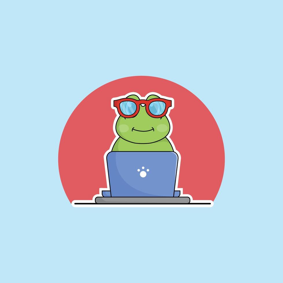 süß Tier Frosch Karikatur Arbeiten beim Laptop Illustration Tier Technologie Konzept Prämie eben Karikatur vektor