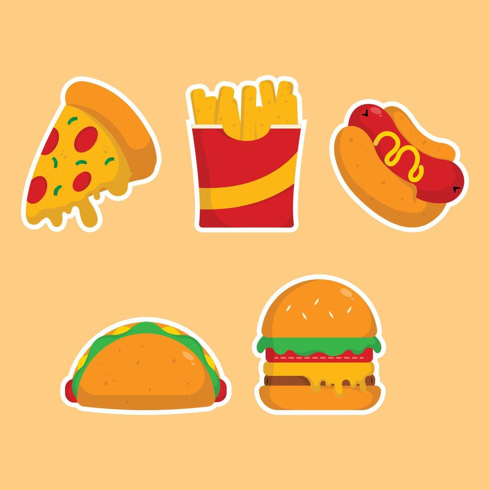 Symbol Pizza, Französisch Fritten, heiß Hund, Taco, Burger köstlich schnell Essen und trinken Illustration Aufkleber Konzept.Premium Illustration vektor