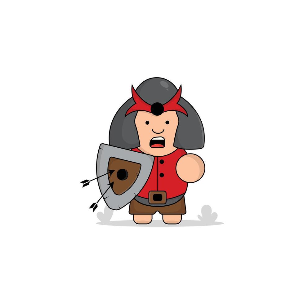 süß Karikatur Gladiator mit Schild und Schwert Symbol Illustration. Königreich Konzept Illustration Prämie Cartoon, flach Stil Karikatur vektor