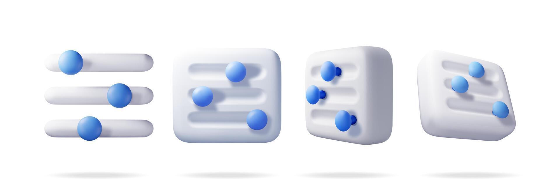 3d uppsättning av filtrera knapp ikon. framställa samling av inställningar reglaget symbol. kontrollera gränssnitt med reglaget barer väljare. media digital panel för balanserad inställningar. vektor