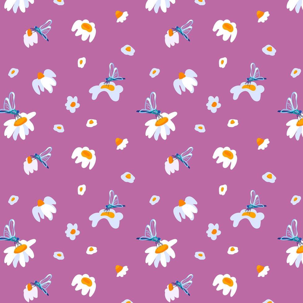 nahtlos Muster Weiß Gänseblümchen Libelle lila Hintergrund Karten Plakate Banner Frühling Sommer- Stoff Kleidung geeignet Verpackung Hintergrund Vorlage Textil- vektor