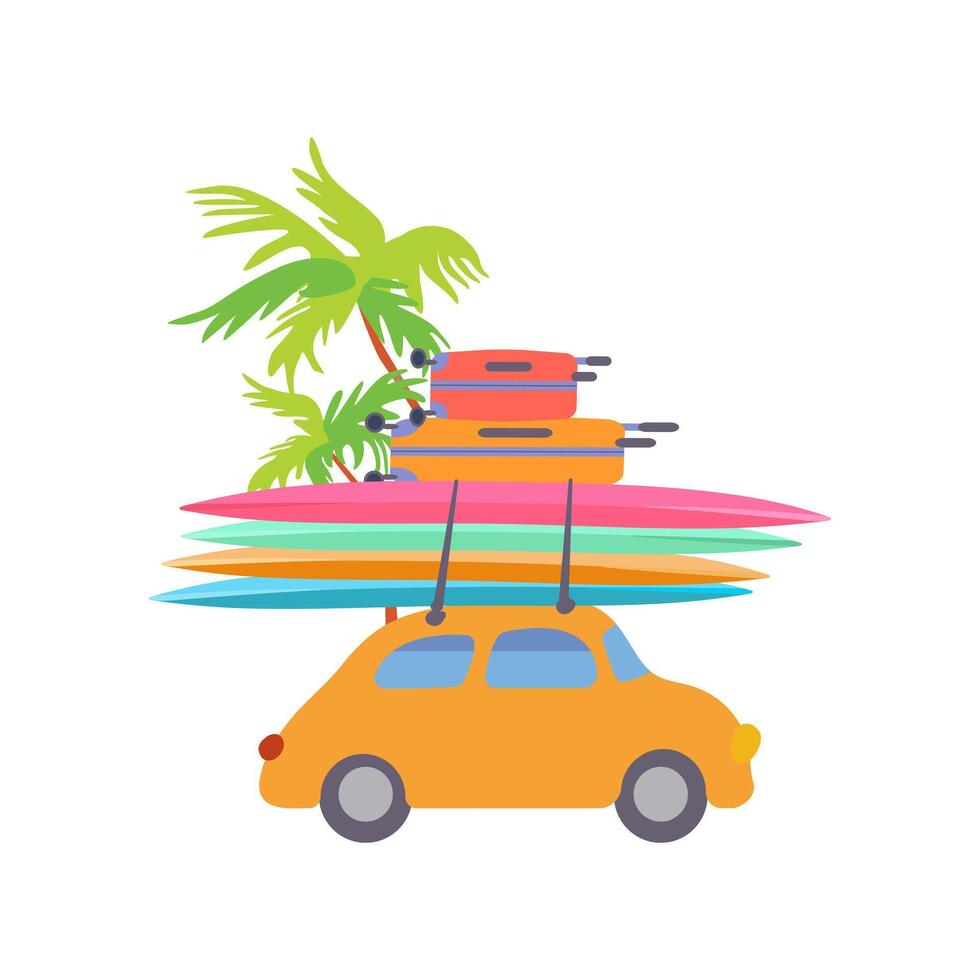 isolerat söt gul retro bil färgrik surfingbrädor röd resväskor semester resa tropisk handflatan träd platt skriva ut sommar affisch affisch kläder papper vektor