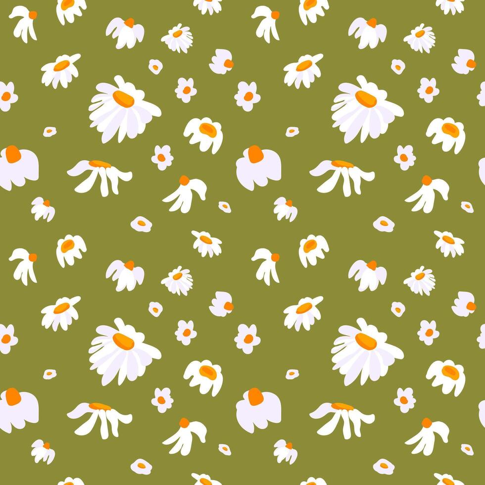 Sommer- Gänseblümchen Hintergrund Grün nahtlos Muster Frühling Blühen Wildblume Laub Ornament Verpackung Stoff Hintergrund Textil- Mosaik vektor