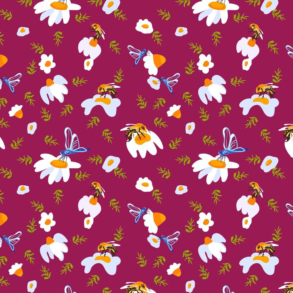 nahtlos Muster Gänseblümchen Libelle Burgund Hintergrund Postkarten Plakate Banner Frühling Sommer- Stoff Kleidung geeignet Verpackung Papier Hintergrund Textil- Vorlage vektor