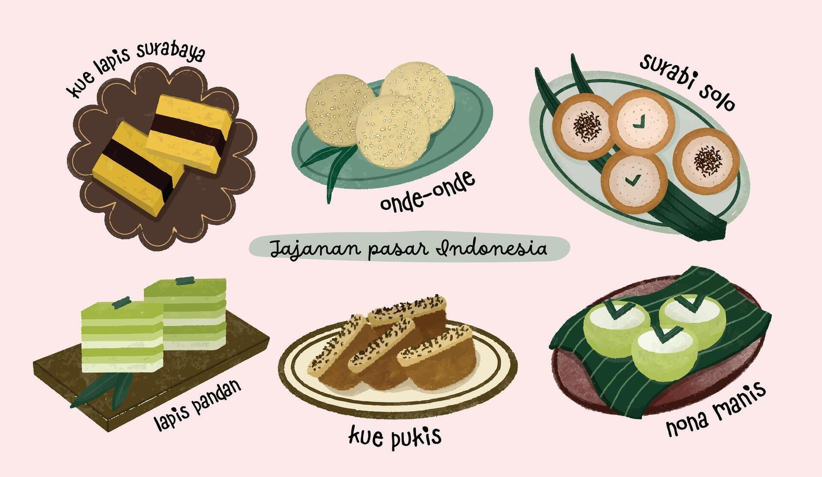 Hand gezeichnet jajanan Pasar Indonesien Essen Snack Sammlung einstellen vektor