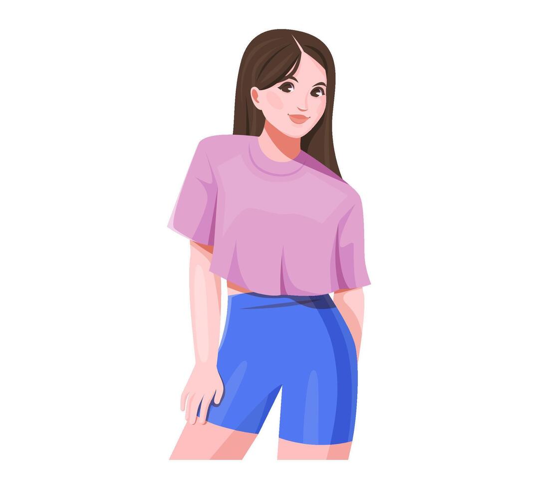 jung Frau im Rosa Hemd und Blau kurze Hose. Karikatur Illustration von ein Mädchen im Sportbekleidung. beiläufig Sommer- Mode Konzept. vektor