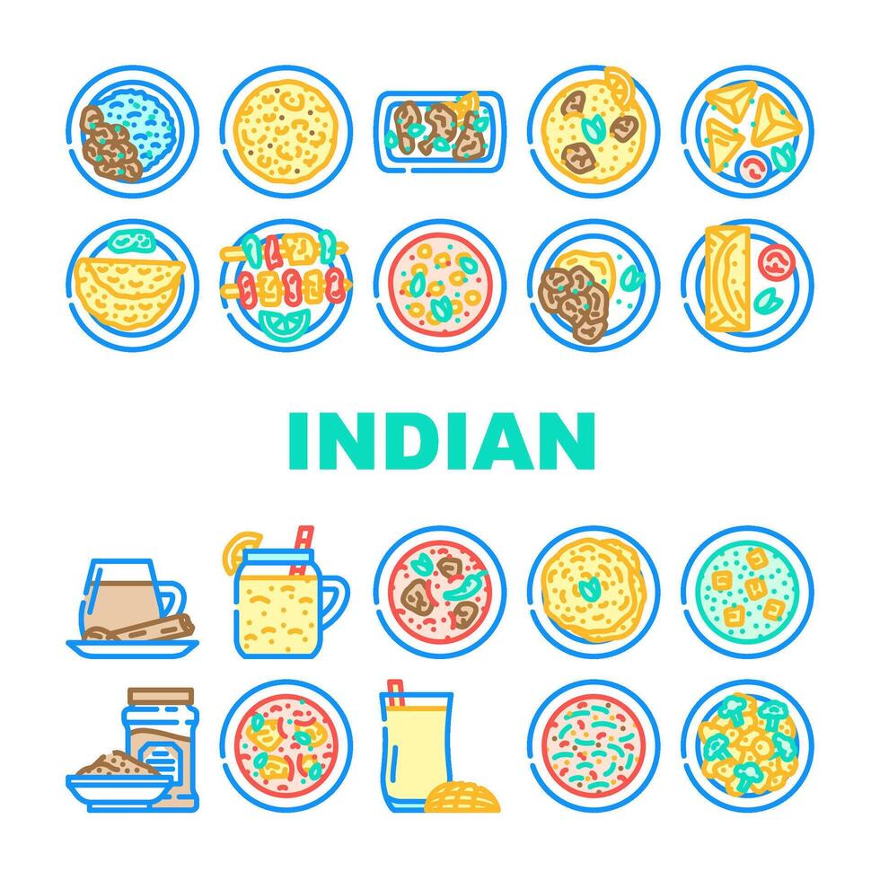indisk kök curry mat kyckling ikoner uppsättning vektor