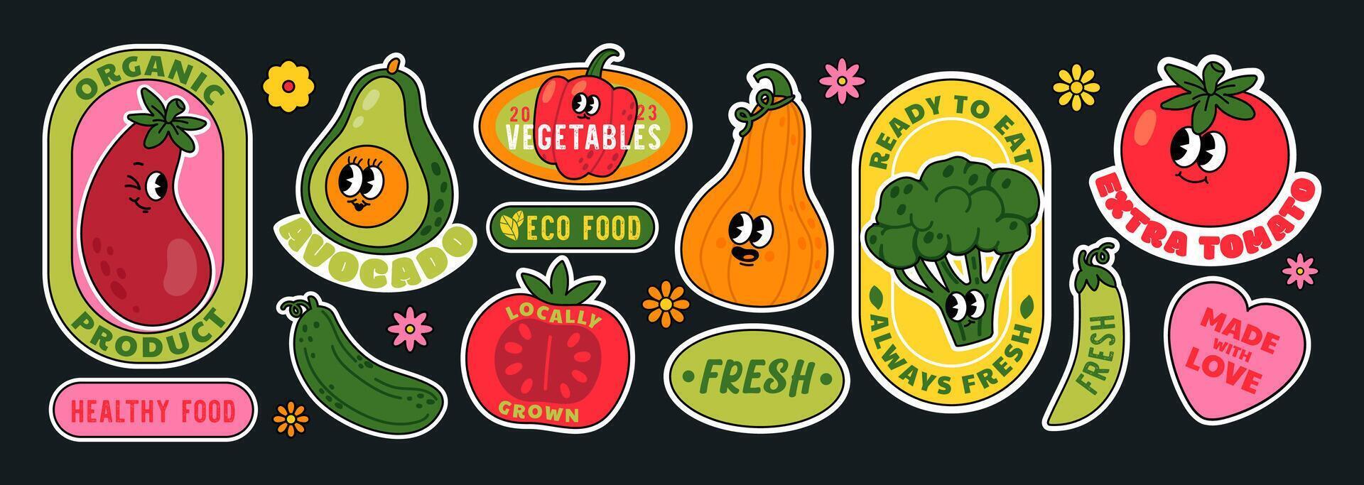 süß Gemüse Aufkleber. Karikatur retro Gemüse Zeichen Etiketten. modisch Supermarkt Essen Abzeichen, Promo Markt Embleme mit Tomate, Aubergine, organisch Produkt. einstellen vektor