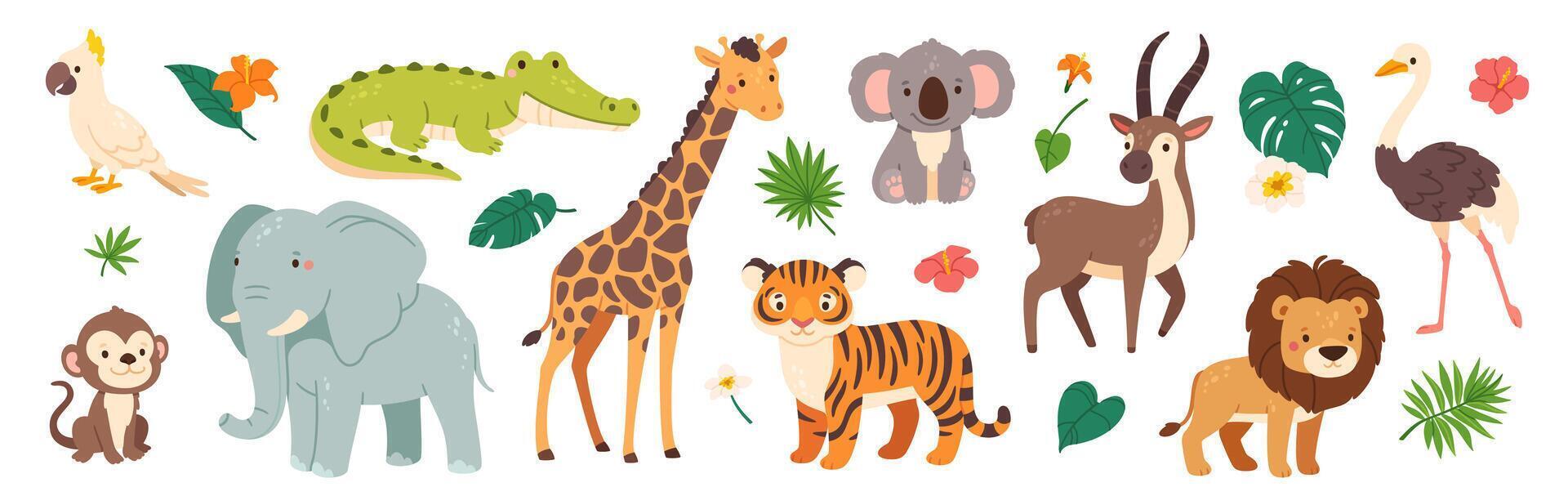 komisch Safari Tiere. süß Karikatur Kinder Tier Charakter. wild Tiger, Giraffe, glücklich Koala, afrikanisch Krokodil, Urwald Affe. Urwald Pflanze und dekorativ Elemente. Sammlung vektor