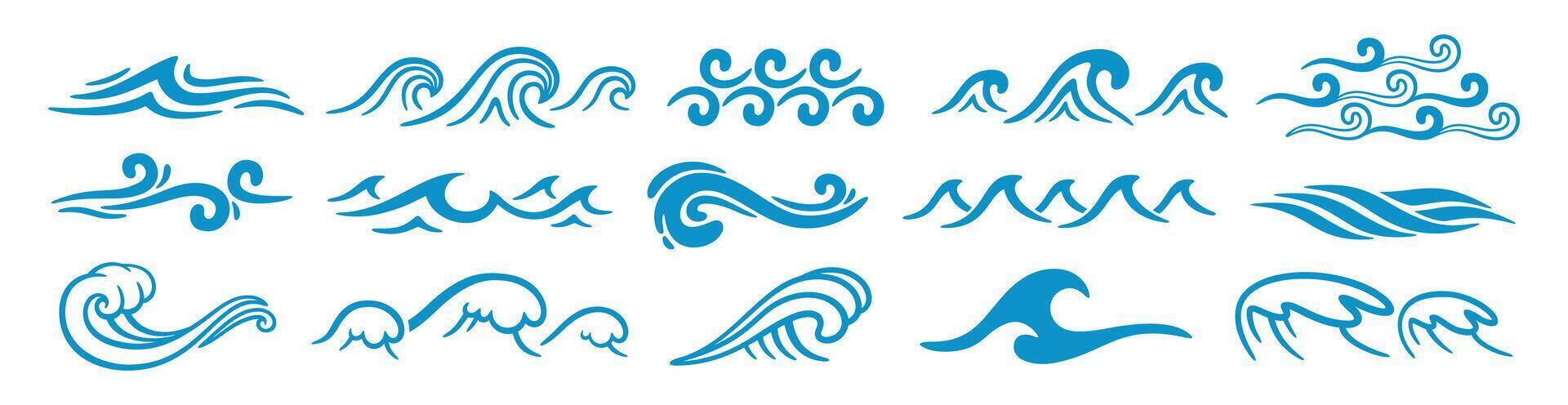 abstrakt hav vågor. hav silhuett aqua lockar, krusningar, lockar, stänk. turkos och blå vatten marin ikoner för grafisk design. logotyp mall. uppsättning vektor