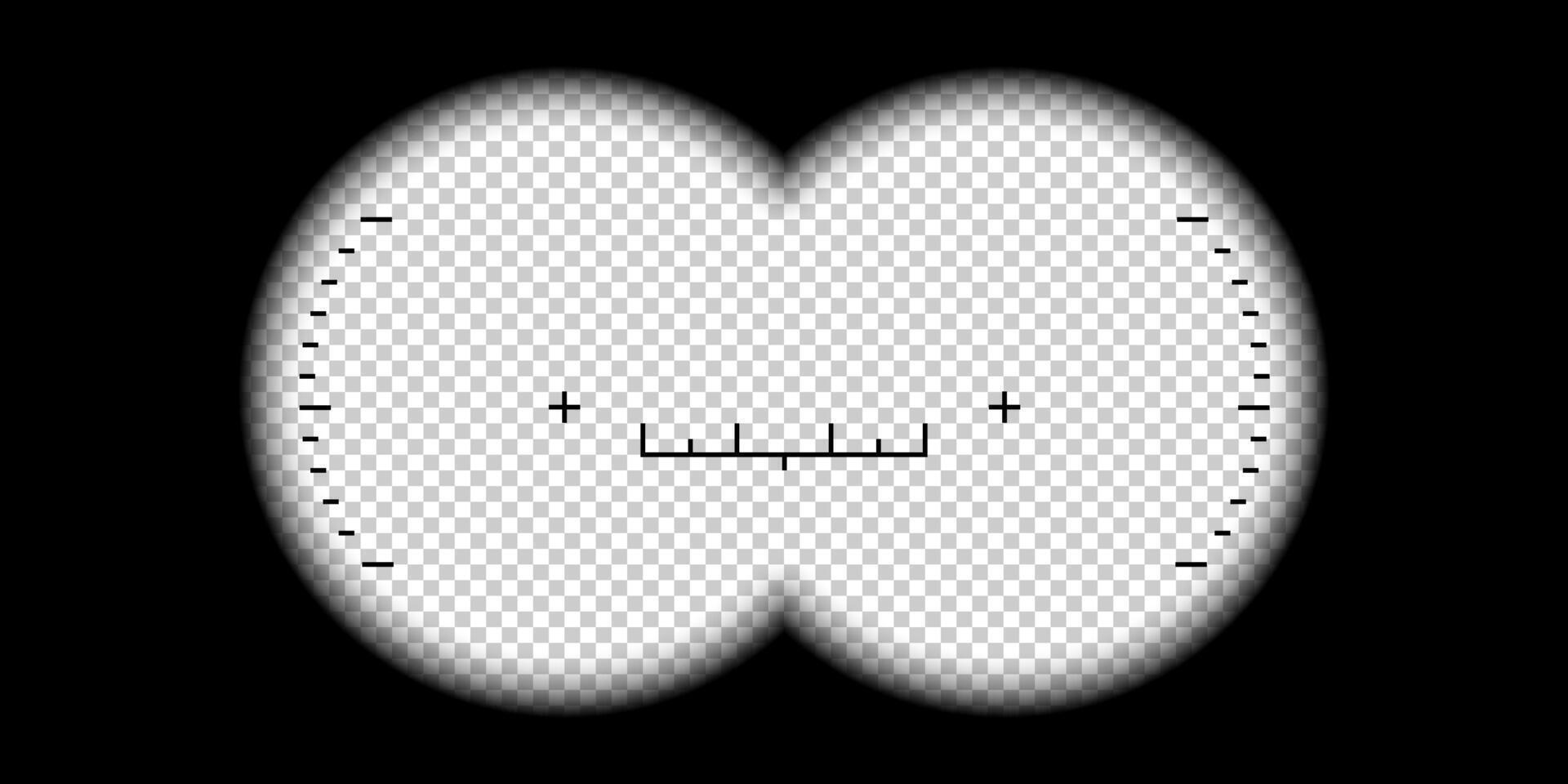 Fernglas Sucher. Fernglas pov Rahmen mit Ziel Sicht und Messung Skala, Beobachter Aussicht aussehen durch das Fernglas Linsen. realistisch 3d Vorlage vektor