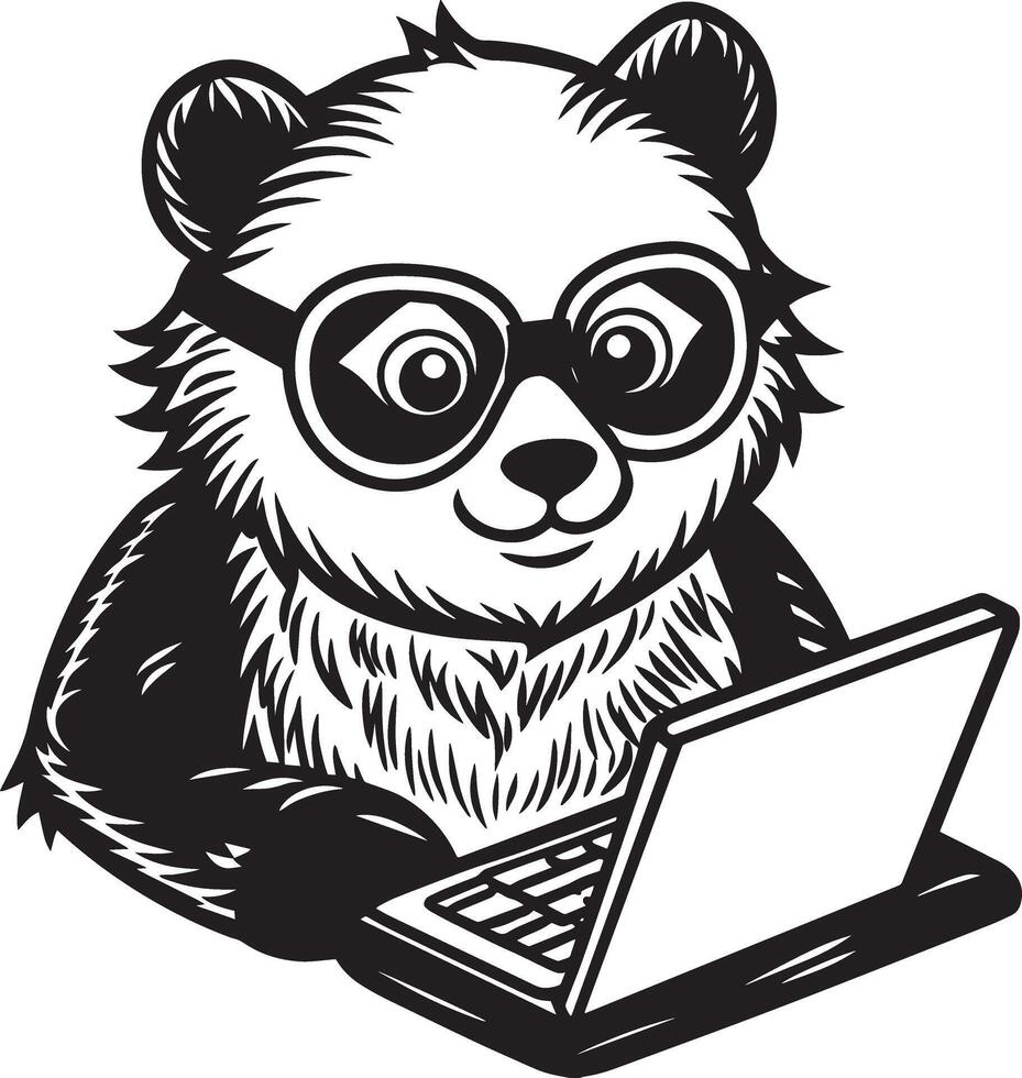 schwarz und Weiß Karikatur Illustration Panda mit ein Laptop. vektor