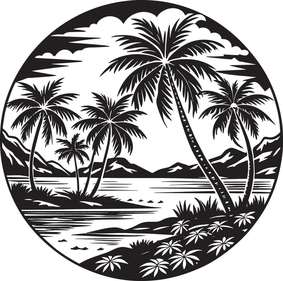 tropisch Insel mit Palme Bäume. Illustration im schwarz und Weiß vektor