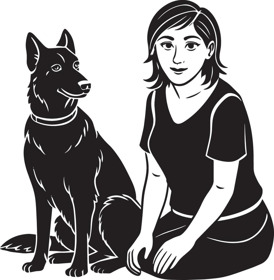 schön Mädchen und ihr Hund. schwarz und Weiß Illustration. vektor