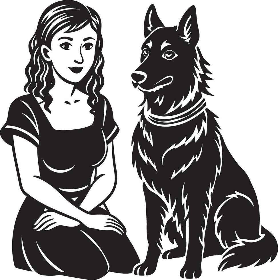 schön Mädchen und ihr Hund. schwarz und Weiß Illustration. vektor